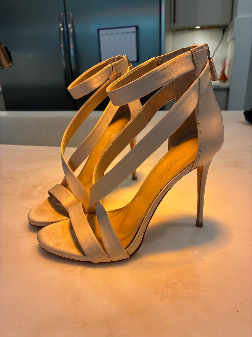 Imagine Vince Camuto Devin Ivory Satin Strappy Stiletto Sandals